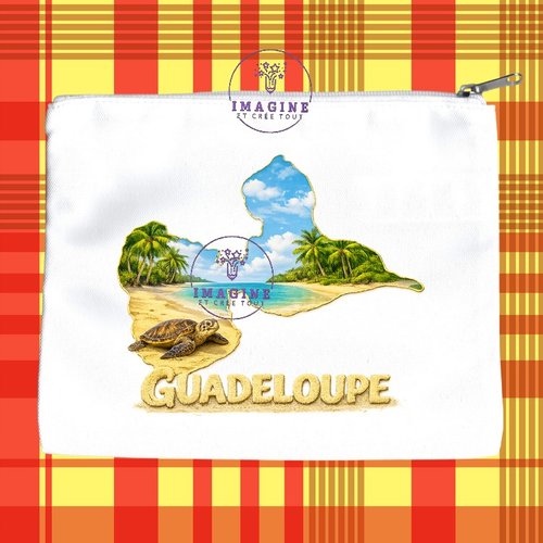 Trousse l - maquillage - sublimation - impression infusible ink - carte guadeloupe - plage - sable - tortue