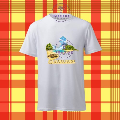 T-shirt personnalisé pour homme - ras du cou - sublimation - impression infusible ink - carte guadeloupe - plage - sable - tortue