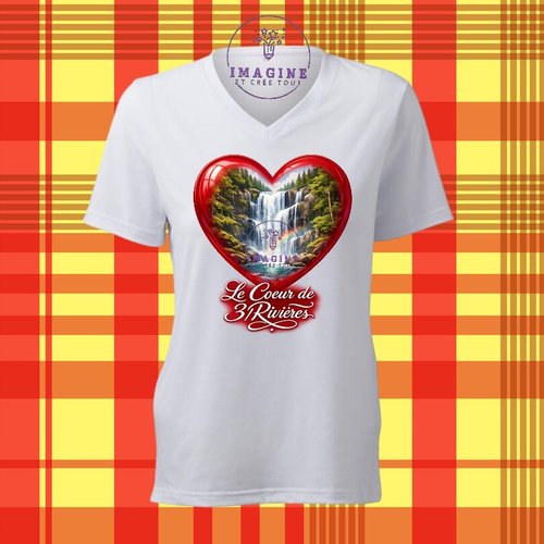 T-shirt personnalisé pour femme - col v - sublimation - impression infusible ink - cœur - 3/rivières - terre amérindienne
