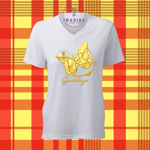 T-shirt personnalisé pour femme - col v - sublimation - impression infusible ink - papillon - guadeloupe - 971