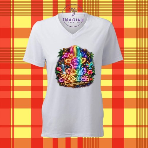 T-shirt personnalisé pour femme - col v - sublimation - impression infusible ink - 3/rivières - terre amérindienne - roche gravée