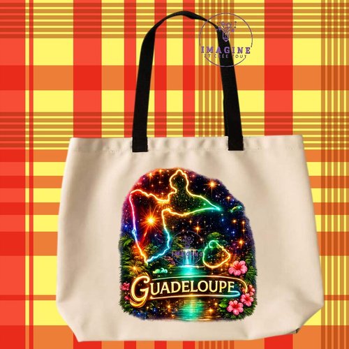 Tote bag taille l - sublimation - impression infusible ink - carte guadeloupe - néon - gwada - 971