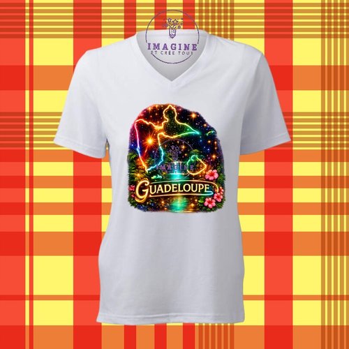 T-shirt personnalisé pour femme - col v - sublimation - impression infusible ink - carte guadeloupe - néon - gwada - 971