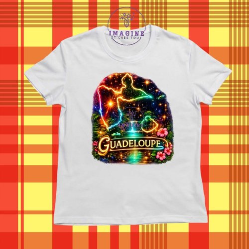 T-shirt personnalisé pour jeunes - col rond - sublimation - carte guadeloupe - néon - gwada - 971