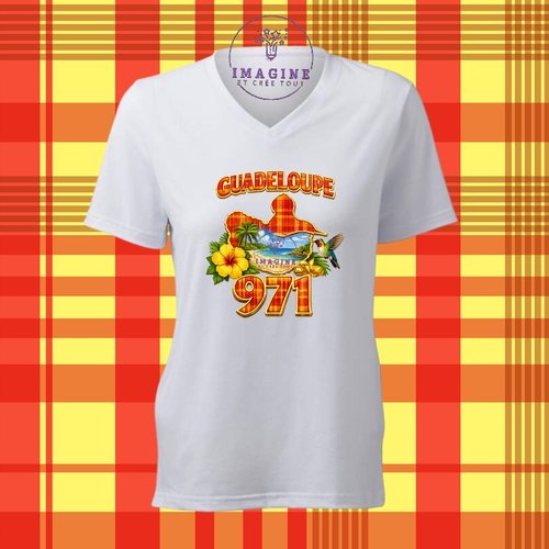 T-shirt personnalisé pour femme - col v - sublimation - impression infusible ink - guadeloupe - 971 - madras - hibiscus - colibri