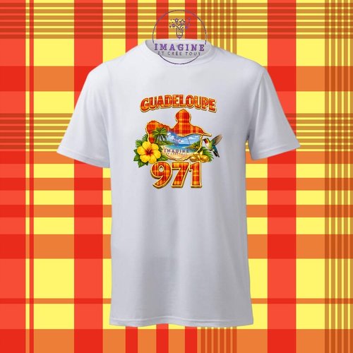 T-shirt personnalisé pour homme - ras du cou - sublimation - impression infusible ink - guadeloupe - 971 - madras - hibiscus - colibri