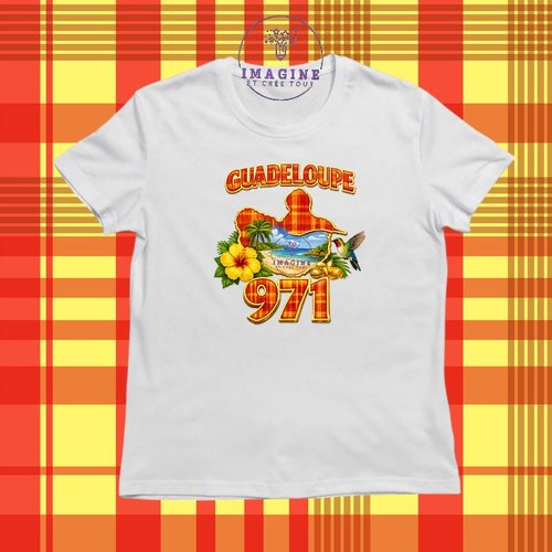 T-shirt personnalisé pour jeunes - col rond - sublimation -  guadeloupe - 971 - madras - hibiscus - colibri