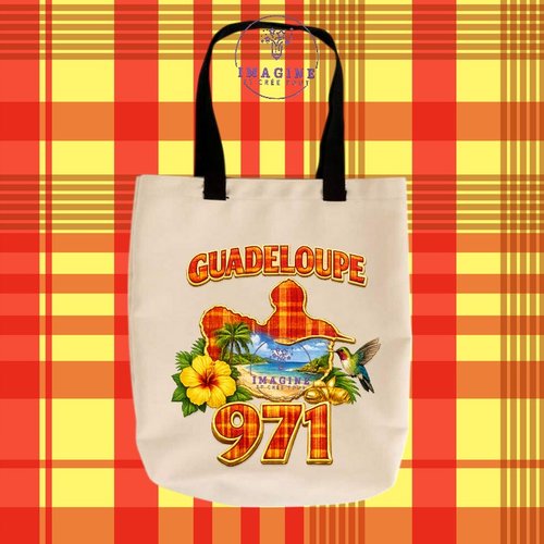 Tote bag taille m - sublimation -  impression infusible ink - guadeloupe - 971 - madras - hibiscus - colibri