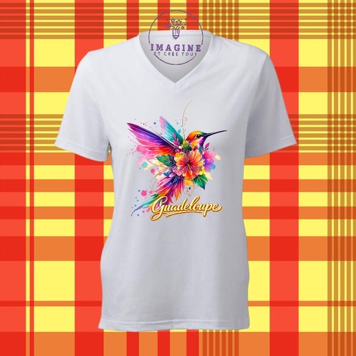 T-shirt personnalisé pour femme - col v - sublimation - impression infusible ink - colibri - aquarelle - guadeloupe