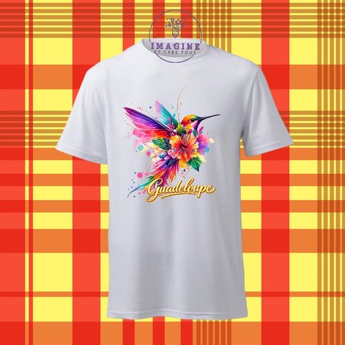 T-shirt personnalisé pour homme - ras du cou - sublimation - impression infusible ink - colibri - aquarelle - hibiscus - guadeloupe