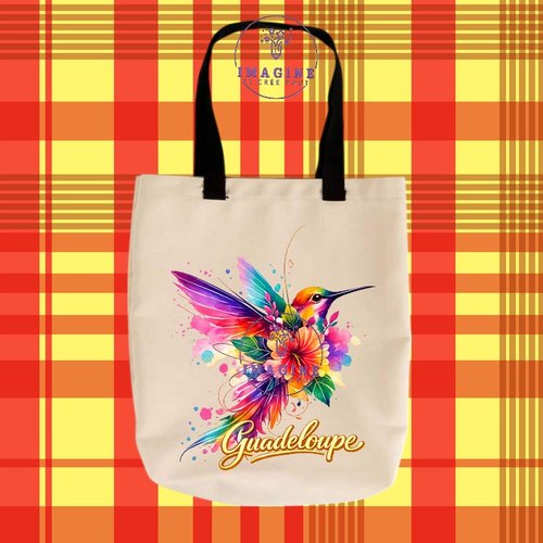 Tote bag taille m - sublimation -  impression infusible ink - colibri - aquarelle - hibiscus - guadeloupe