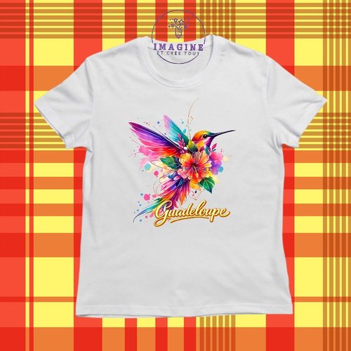 T-shirt personnalisé pour jeunes - col rond - sublimation - colibri - aquarelle - hibiscus - guadeloupe