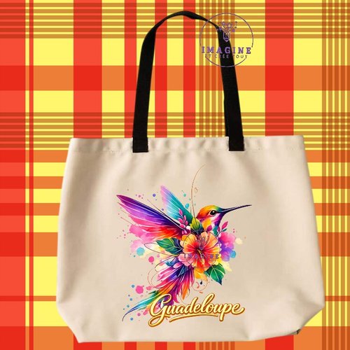 Tote bag taille l - sublimation - impression infusible ink - colibri - aquarelle - hibiscus - guadeloupe