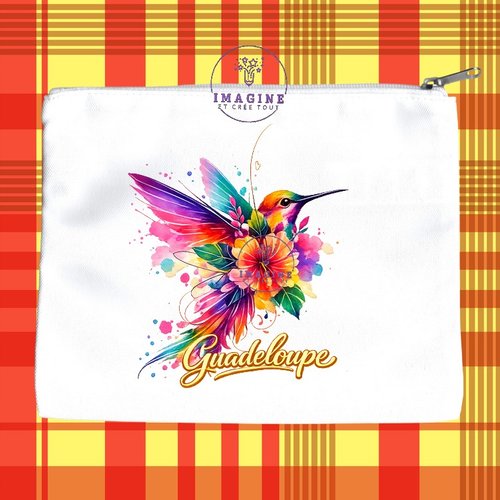 Trousse l - maquillage - sublimation - impression infusible ink - colibri - aquarelle - hibiscus - guadeloupe