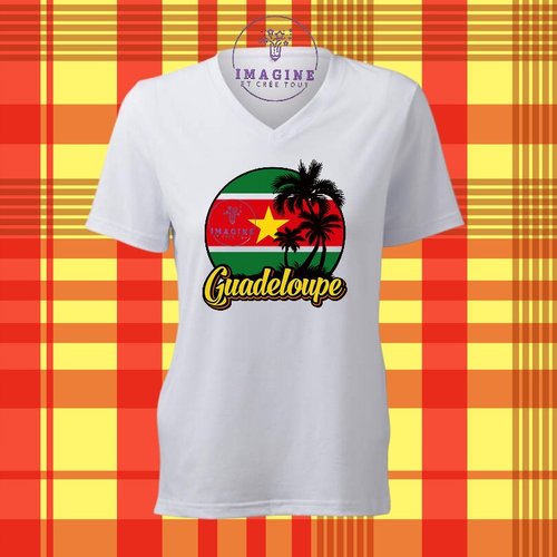 T-shirt personnalisé pour femme - col v - sublimation - impression infusible ink - palmiers - drapeau - guadeloupe - 971