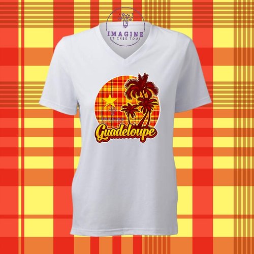 T-shirt personnalisé pour femme - col v - sublimation - impression infusible ink - palmiers - madras - guadeloupe - 971