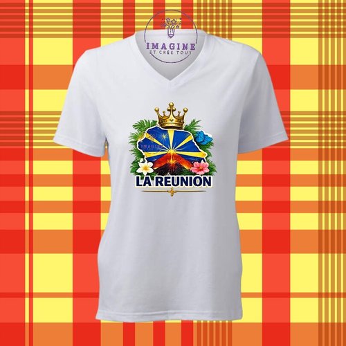 T-shirt personnalisé pour femme - col v - sublimation - impression infusible ink - île de la réunion - 974 - paille en queue