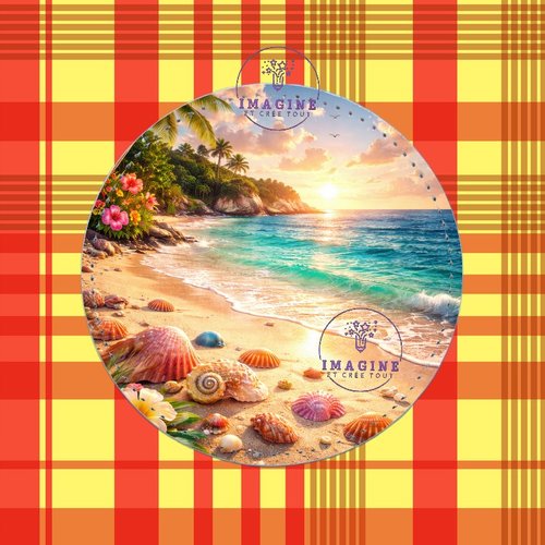 Sous verre en cuir - sublimation - impression infusible ink - plage - palmiers - coquillages - île
