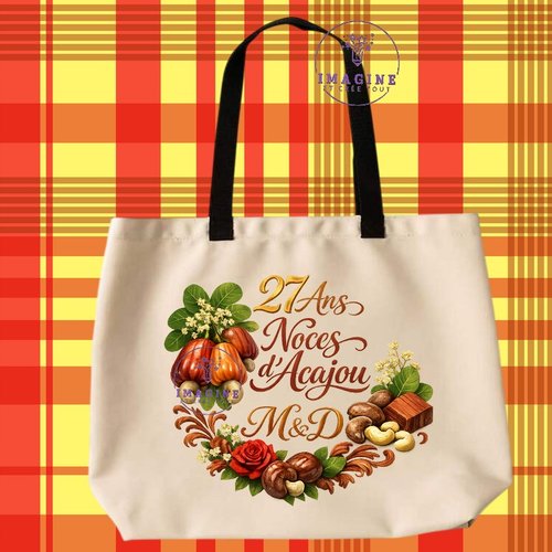 Tote bag taille l - sublimation - impression infusible ink - noces d'acajou - mariage - anniversaire - initiales