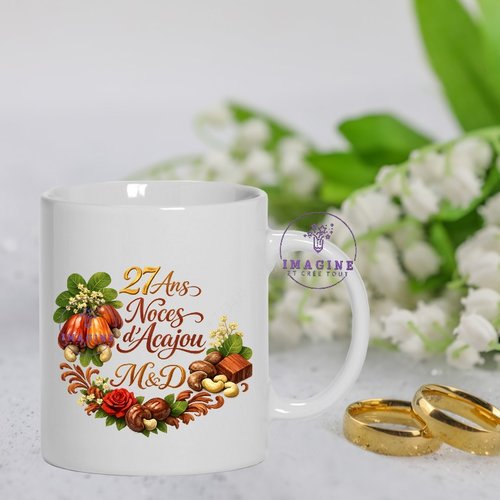 Mug - tasse - sublimation - impression infusible ink - noces d'acajou - mariage - anniversaire - initiales