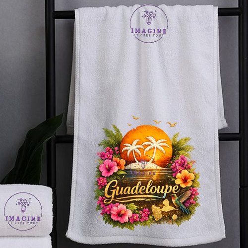 Petite serviette personnalisée pour le visage - sublimation - infusible ink - impression - carte guadeloupe - soleil - colibri