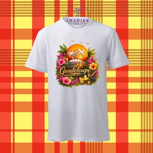 T-shirt personnalisé pour homme - ras du cou - sublimation - impression infusible ink - carte guadeloupe - soleil - colibri