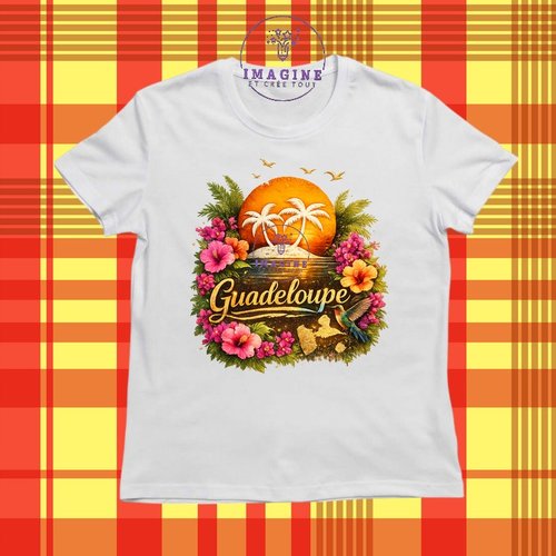 T-shirt personnalisé pour jeunes - col rond - sublimation - carte guadeloupe - soleil - colibri