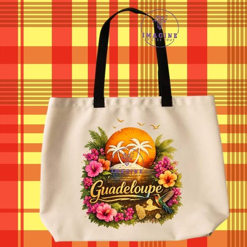 Tote bag taille l - sublimation - impression infusible ink - carte guadeloupe - soleil - colibri