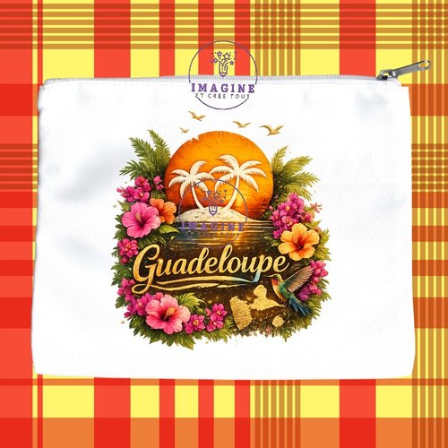 Trousse l - maquillage - sublimation - impression infusible ink - carte guadeloupe - soleil - colibri