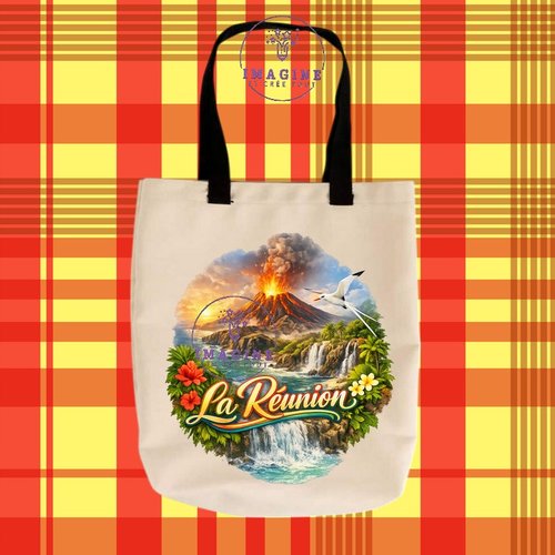 Tote bag taille m - sublimation -  impression infusible ink - ile de la réunion - 974 - paille en queue - volcan la fournaise