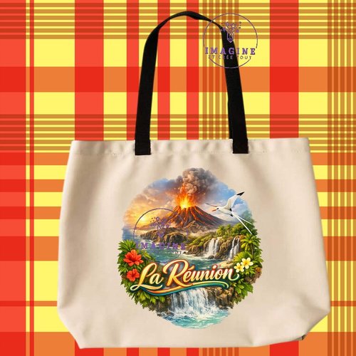 Tote bag taille l - sublimation - impression infusible ink - ile de la réunion - 974 - paille en queue - volcan la fournaise