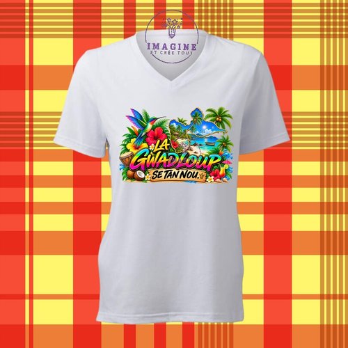 T-shirt personnalisé pour femme - col v - sublimation - impression infusible ink - la gwadloup sé tan nou - mot créole