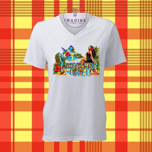 T-shirt personnalisé pour femme - col v - sublimation - impression infusible ink -  carte guadeloupe - 971 - tropique