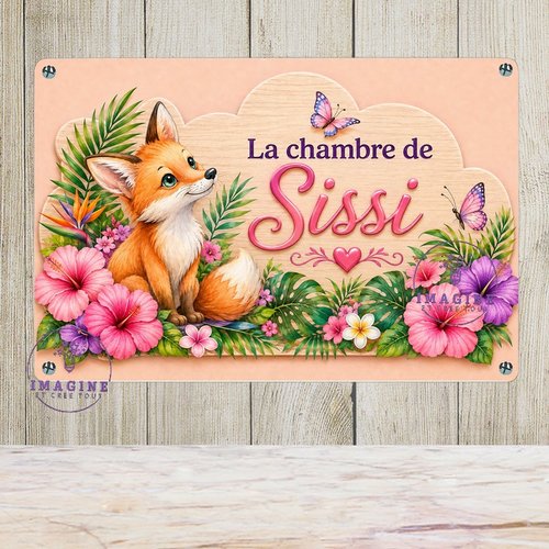 Tableau mural - sublimation -  impression infusible ink - plaque aluminium - chambre - prénom - renard - tropique