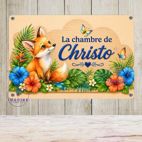 Tableau mural - sublimation -  impression infusible ink - plaque aluminium - chambre - prénom - renard - tropique