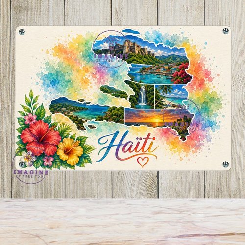 Tableau mural - sublimation -  impression infusible ink - plaque aluminium - carte haïti - aquarelle - paysages