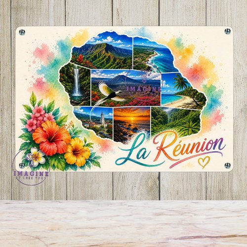 Tableau mural - sublimation -  impression infusible ink - plaque aluminium - carte île de la réunion - aquarelle - paysages - 974