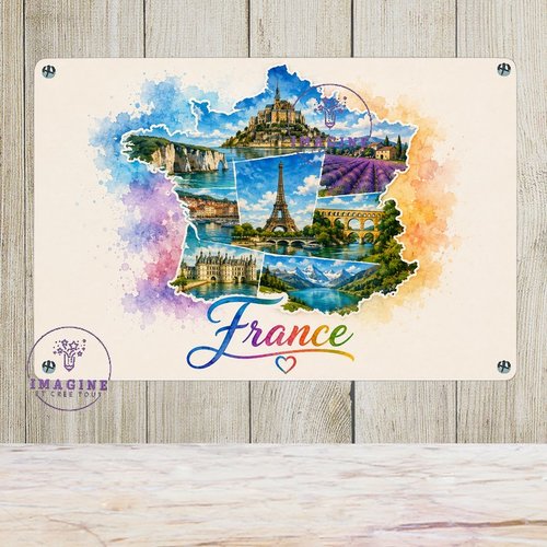 Tableau mural - sublimation -  impression infusible ink - plaque aluminium - carte france - aquarelle - paysages - paris - tour eiffel