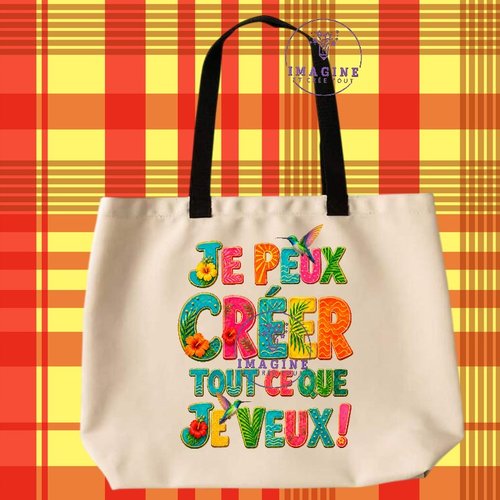 Tote bag taille l - sublimation - impression infusible ink - texte - motivation - tropique - hibiscus - colibris