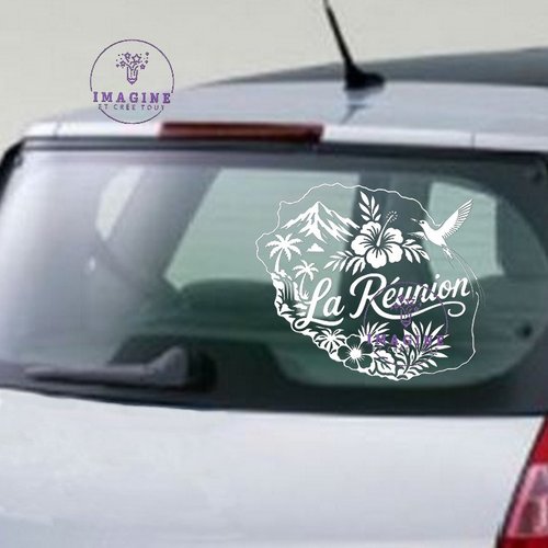 Sticker - île de la réunion - 974 - tropique - hibiscus - paille en quque - vinyle blanc permanent