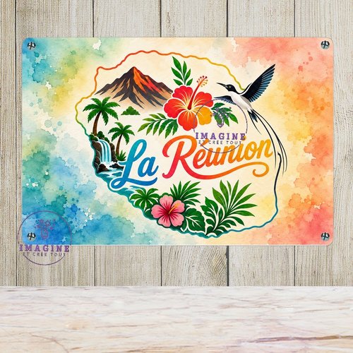 Tableau mural - sublimation -  impression infusible ink - plaque aluminium - carte - île de la réunion - 974 - aquarelle