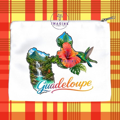 Trousse l - maquillage - sublimation - impression infusible ink - carte guadeloupe - 971 - colibri - hibiscus - chutes d'eau