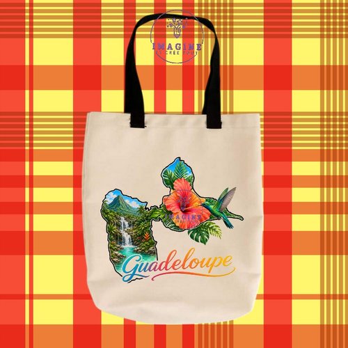 Tote bag taille m - sublimation -  impression infusible ink - carte guadeloupe - 971 - colibri - hibiscus - chutes d'eau