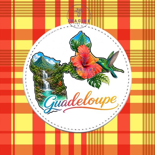 Sous verre en cuir - sublimation - impression infusible ink - carte guadeloupe - 971 - colibri - hibiscus - chutes d'eau