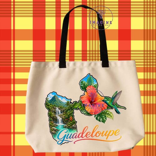 Tote bag taille l - sublimation - impression infusible ink - carte guadeloupe - 971 - colibri - hibiscus - chutes d'eau