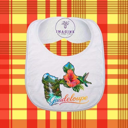 Bavoir - sublimation - impression infusible ink - carte guadeloupe - 971 - colibri - hibiscus - chutes d'eau