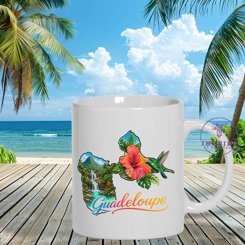 Mug - tasse - sublimation - impression infusible ink - carte guadeloupe - 971 - colibri - hibiscus - chutes d'eau