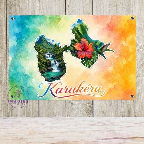 Tableau mural - sublimation -  impression infusible ink - plaque aluminium - carte guadeloupe - 971 - colibri - hibiscus - aquarelle