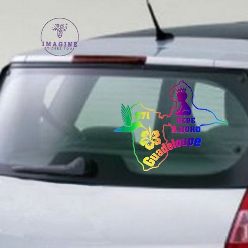 Sticker - guadeloupe - 971 - île - tropique - hibiscus - colibri - vinyle holographique permanent