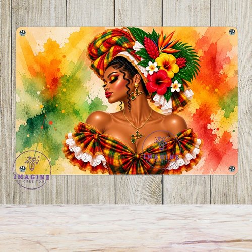 Tableau mural - sublimation -  impression infusible ink - plaque aluminium - silhouette - tenue traditionnelle - madras - bijoux créole